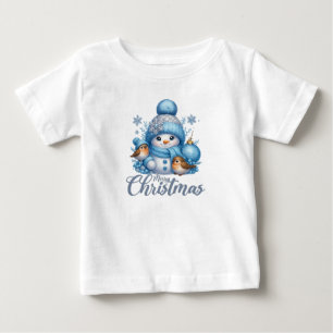 Camiseta Natal do Boneco de Neve Fofo e Pássaros de Inverno