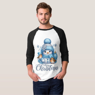 Camiseta Natal do Boneco de Neve Fofo e Pássaros de Inverno