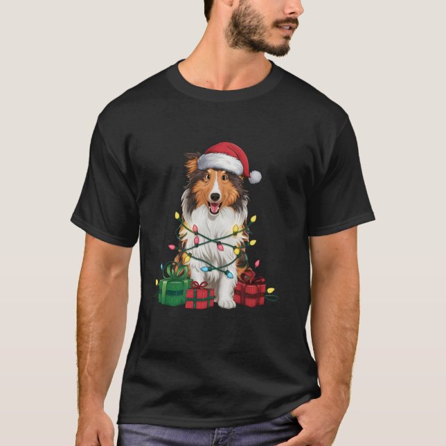 Camiseta Natal do Cachorro Collie Rough Rough Hat (Frente)