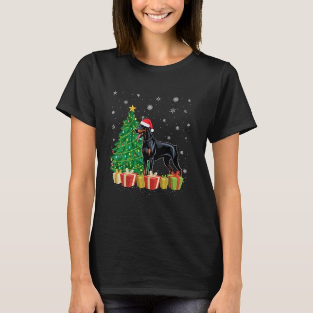 Camiseta Natal do Cão Dobermann do Santa Hat da Tree Lighti (Frente)