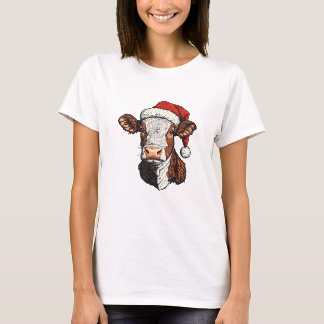 Camiseta Natal do Cow Santa Hat (Frente)