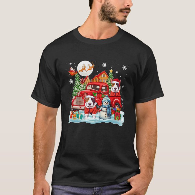 Camiseta Natal Dois Papais noeis Touro Terriers No Caminhão (Frente)
