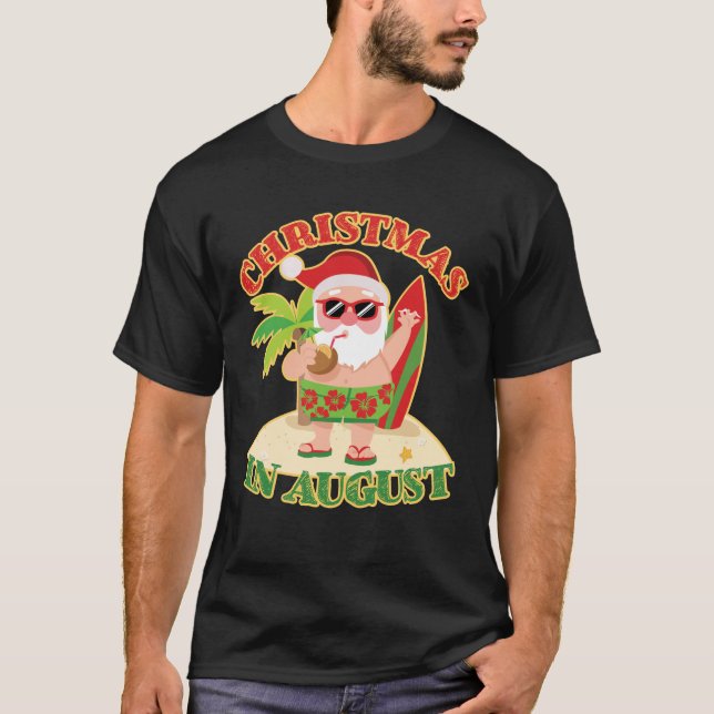 Camiseta Natal Em August Papais noeis Beach Surfboard (Frente)