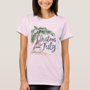 Camiseta Natal em Julho Boneco de Neve na Praia & Palmeira