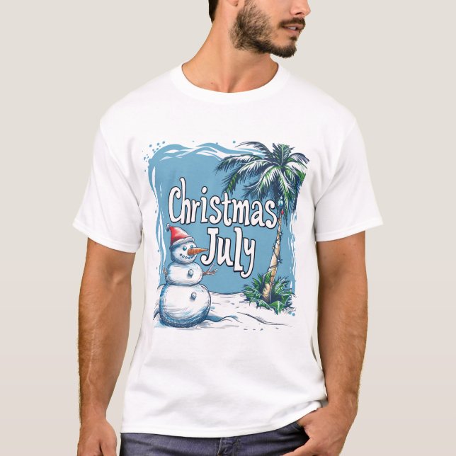 Camiseta Natal em Julho com Design de Boneco de Neve e Palm (Frente)