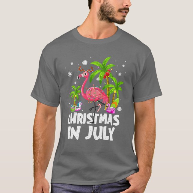 Camiseta Natal Em Julho Flamingo Palm Tree Beach Summer (Frente)