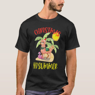 Camiseta Natal Em Julho Lhama Coco E Flamingo Flutuador