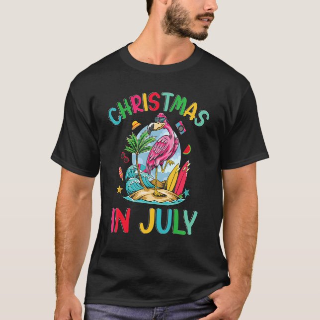 Camiseta Natal Em Julho Mulheres Vaca Beach Flamingo Surfin (Frente)