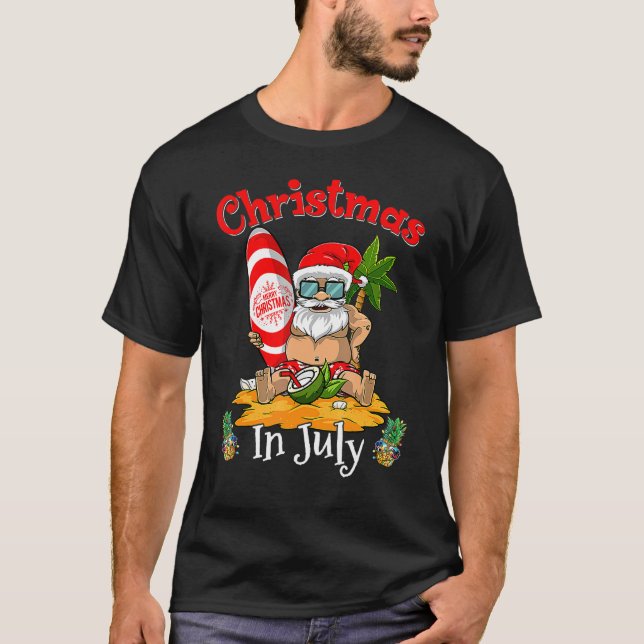 Camiseta Natal Em Julho Papais noeis De Surfe Summer Beach  (Frente)