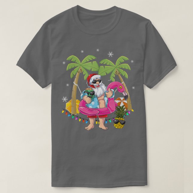 Camiseta Natal em julho Papais noeis hawaii Sunglass Flamin (Frente do Design)