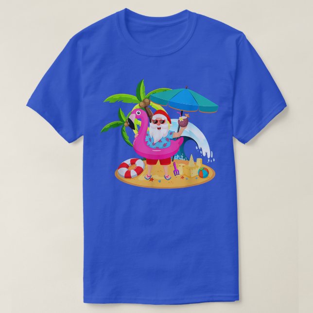 Camiseta Natal em julho Papais noeis hawaii Sunglass Flamin (Frente do Design)