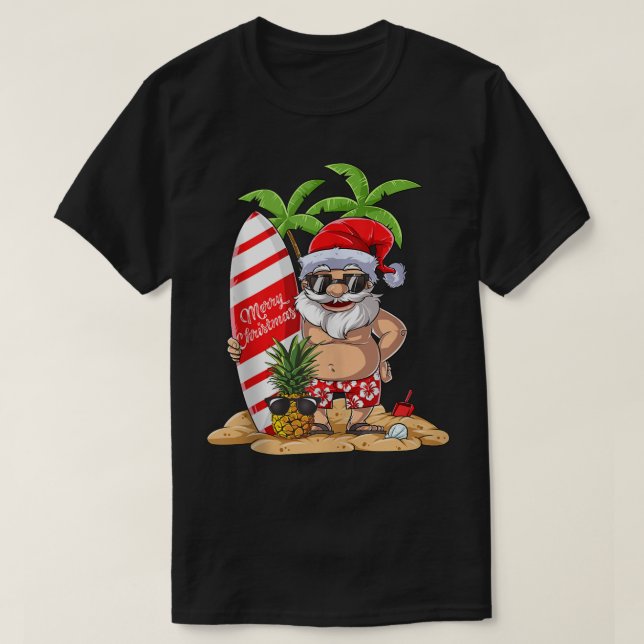 Camiseta Natal em julho Papais noeis Surfs Hawaiai Summer S (Frente do Design)