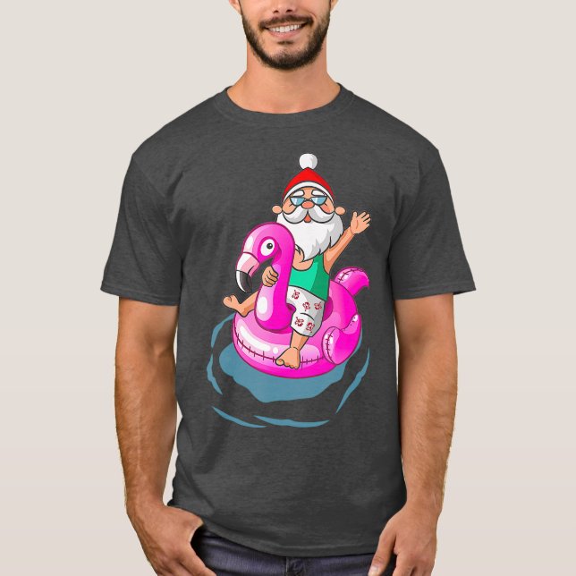 Camiseta Natal em julho Papais noeis Verão de flamingo Hava (Frente)