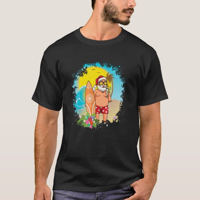 Camiseta Natal Em Julho Papais noeis Verão Havaiano Surfing (Frente)