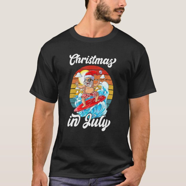 Camiseta Natal Em Julho Verão Papai Noel Surfando No Havaí (Frente)
