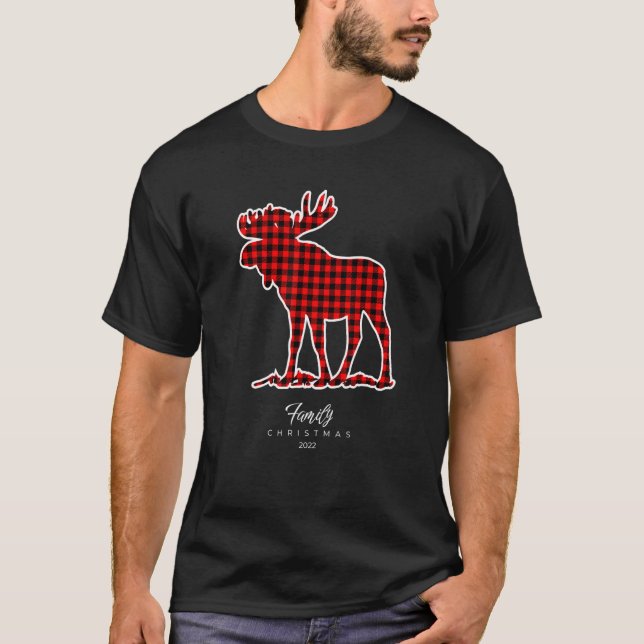Camiseta Natal Familiar 2022 Xadrez Buffalo Red Black Moos (Frente)