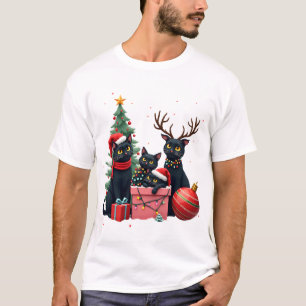 Camiseta Natal Felino Gatos Pretos Jogam Luzes da Árvore de