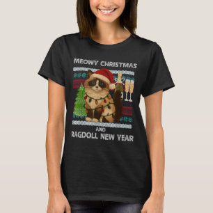 Camiseta Natal Feliz Meowy Gato Ragdoll Chapéu de Papai Noe