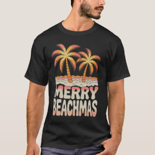 Camiseta Natal Feliz na Praia Palmeira Pôr do Sol Tropical