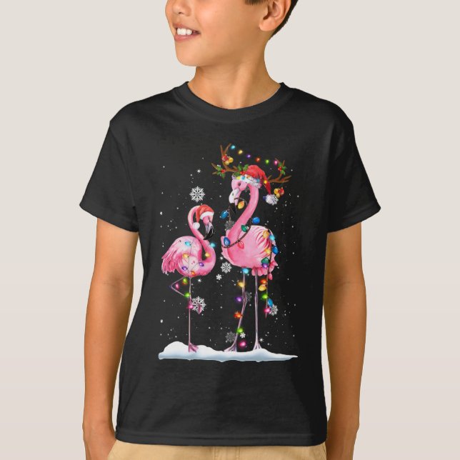 Camiseta Natal Flamingo Santa Hat Xmas Lights Flamingo (Frente)