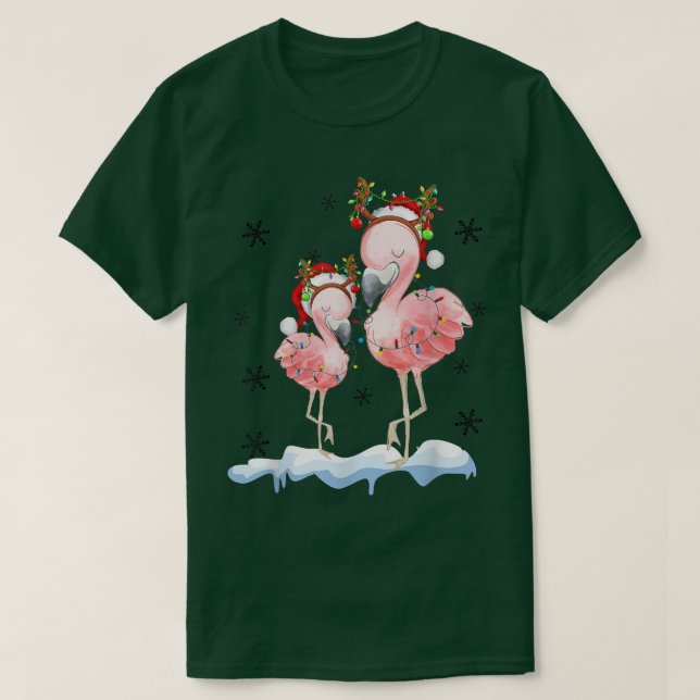 Camiseta Natal Flamingo Santa Hat Xmas Lights Flamingo (Frente do Design)