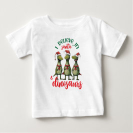 Camiseta Natal Fofo Eu Acredito no Papai Noel e Dinossauros