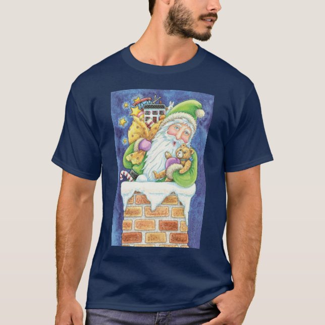 Camiseta Natal fofo, Papai Noel na Chaminé com Brinquedos (Frente)
