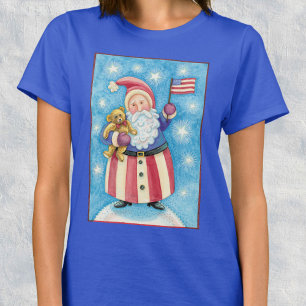 Camiseta Natal fofo, Papai Noel patriótico com bandeira