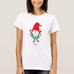 Camiseta Natal Gnomo segurando luzes de Natal