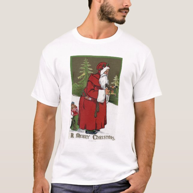 Camiseta Natal GreetingSanta com cavalo de madeira (Frente)