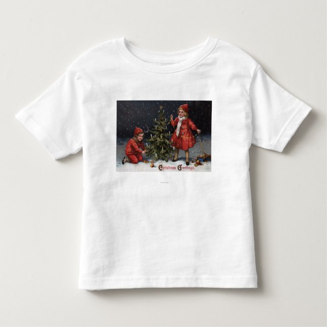 Camiseta Natal GreetingsKids que decora uma árvore (Frente)