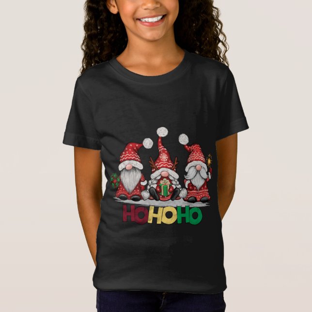 Camiseta Natal Ho Três Gnomos Vermelhos Salão do Pai Natal (Frente)