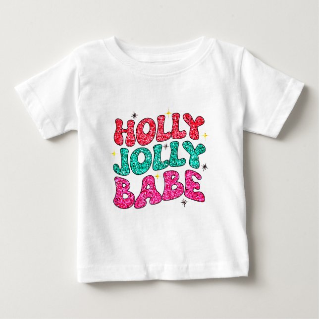 Camiseta Natal Holly Alegre Bebê Moderno Glitter Script (Frente)