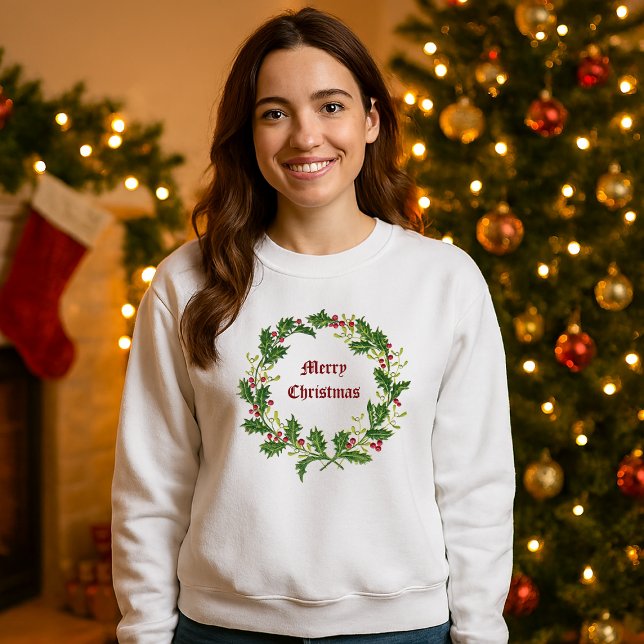 Camiseta Natal Holly Berries & Mistletoe Wreath (Criador carregado)