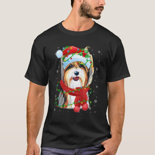 Camiseta Natal Lights Yorkshire Terrier Dog Santa Hat S (Frente)