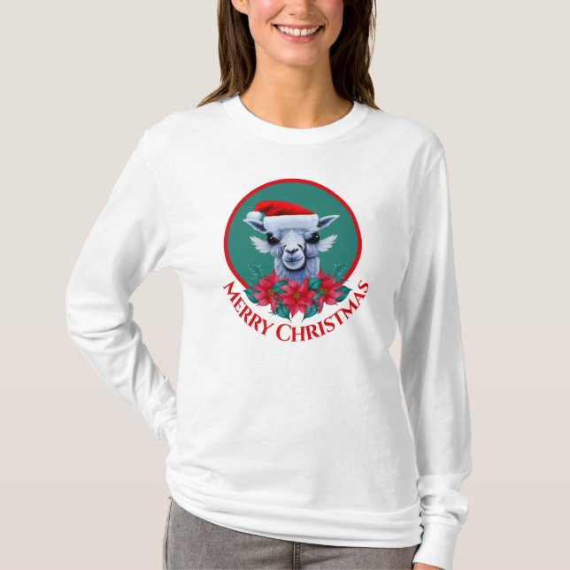 Camiseta Natal Llama e Wreath com T-Shi da Mulher (Frente)