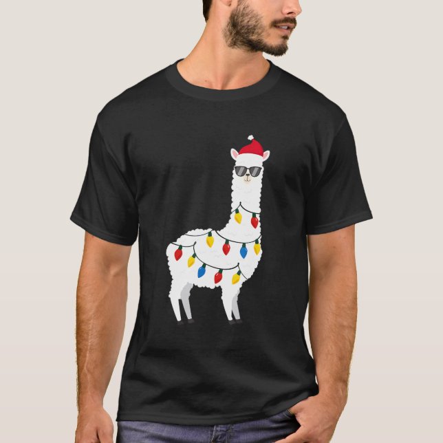 Camiseta Natal Llama Santa Hat Óculos Sunglass Alpaca Engra (Frente)
