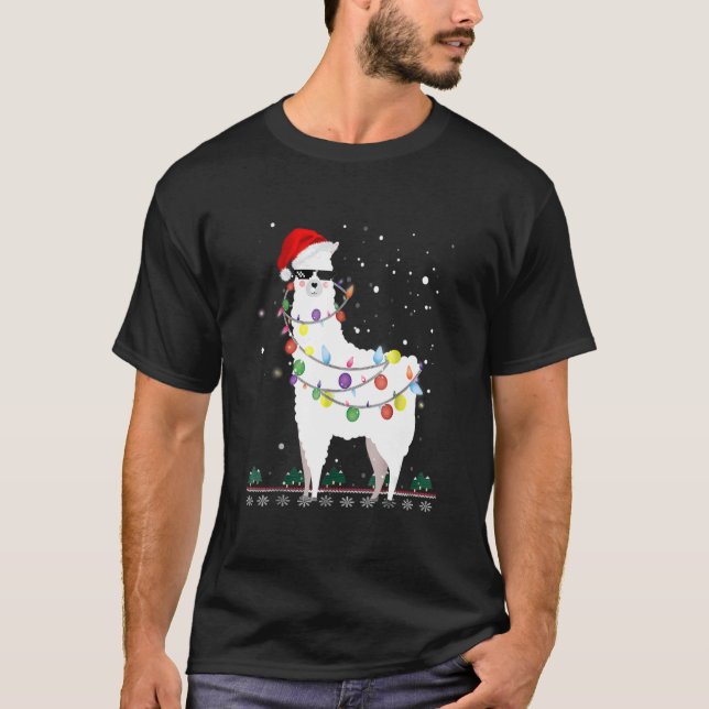 Camiseta Natal Llama Santa Hat Ugly Xmas Tree Alpaca (Frente)