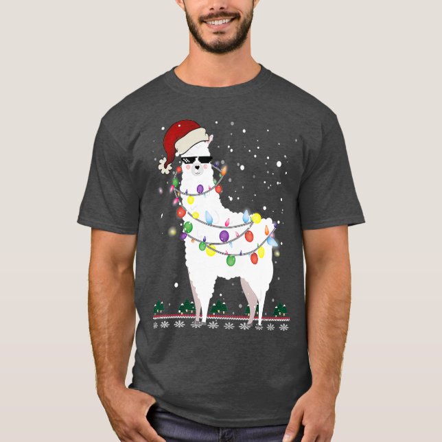 Camiseta Natal Llama Santa Hat Ugly Xmas Tree Alpaca (Frente)