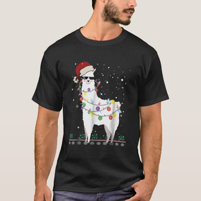 Camiseta Natal Llama Santa Hat Ugly Xmas Tree Alpaca (Frente)