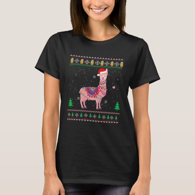 Camiseta Natal Llama Santa Hat Ugly Xmas Tree Alpaca (Frente)
