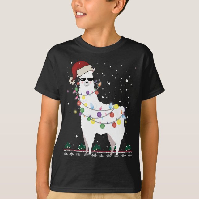 Camiseta Natal Llama Santa Hat Ugly Xmas Tree Alpaca Gi (Frente)