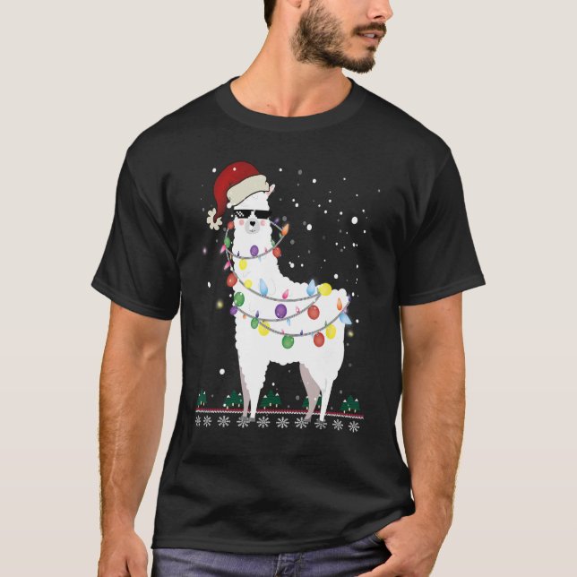 Camiseta Natal Llama Santa Hat Ugly Xmas Tree Alpaca Gi (Frente)