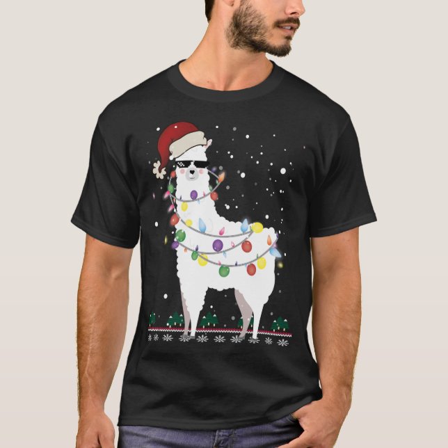 Camiseta Natal Llama Santa Hat Ugly Xmas Tree Alpaca Gi (Frente)