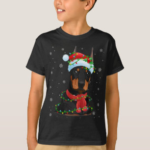Camiseta Natal Luz Doberman Dog Santa Hat Scarf