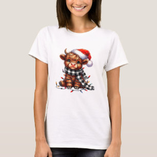 Camiseta Natal Luzes de Highland Vaca Bebê Natal