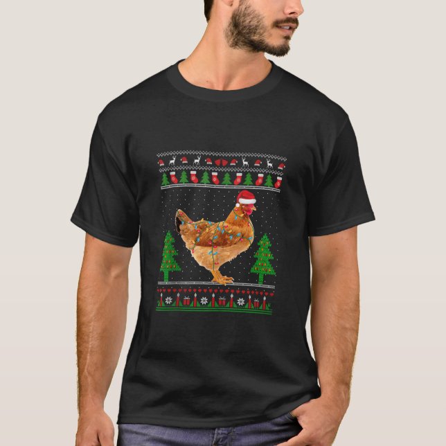 Camiseta Natal Luzes Frango Santa Hat Feio Suor Feio Ele (Frente)