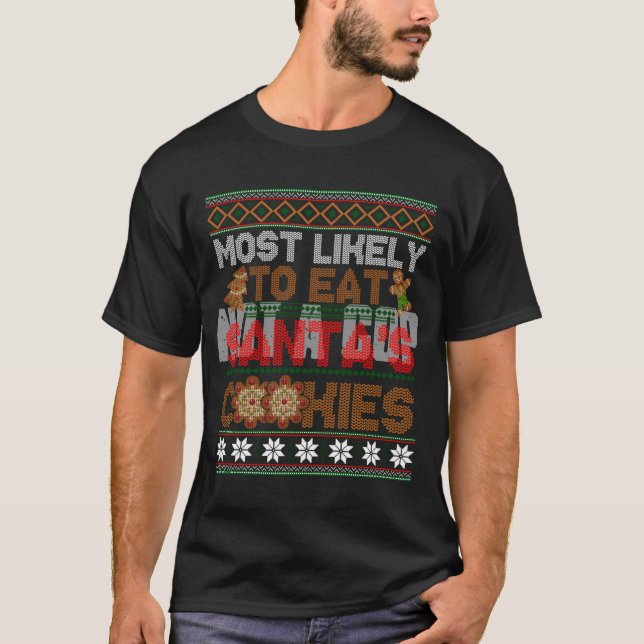Camiseta Natal Mais Provável Para Comer Cookie Papais noeis (Frente)
