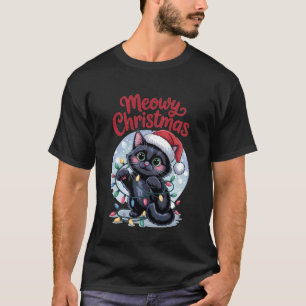Camiseta Natal Meowy Gato Preto com Chapéu de Papai Noel e 