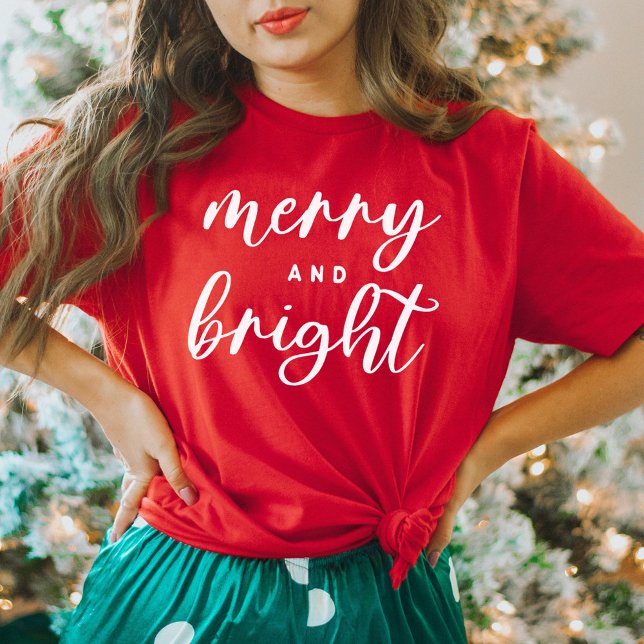 Camiseta Natal Moderno Vermelho Feminino Alegre e Brilhante (Criador carregado)